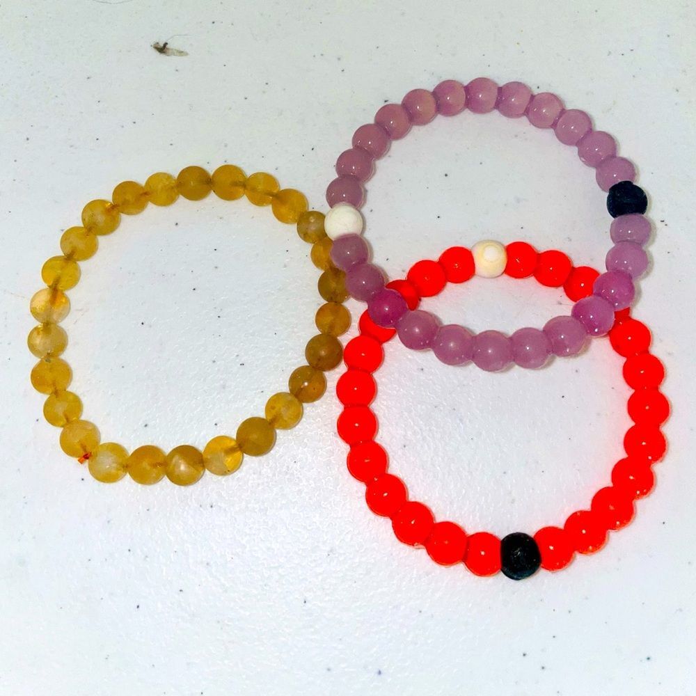 Set 3 Lokai Silicone Beaded Orange, gold & Purple Bangle Bracelets 6 In jewelry